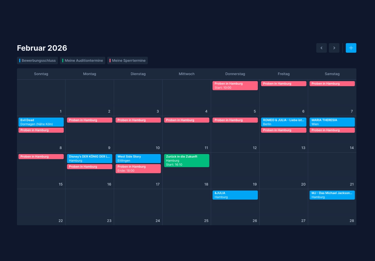 Castapp Kalender in der Monatsansicht mit farblich markierten Terminen
